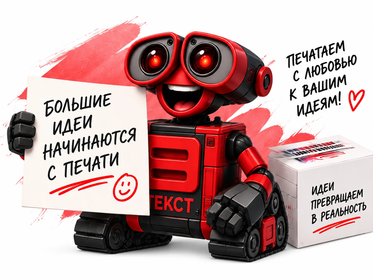 Робот ТЕКСТ держит лист «Большие идеи начинаются с печати» рядом с коробкой готовой продукции